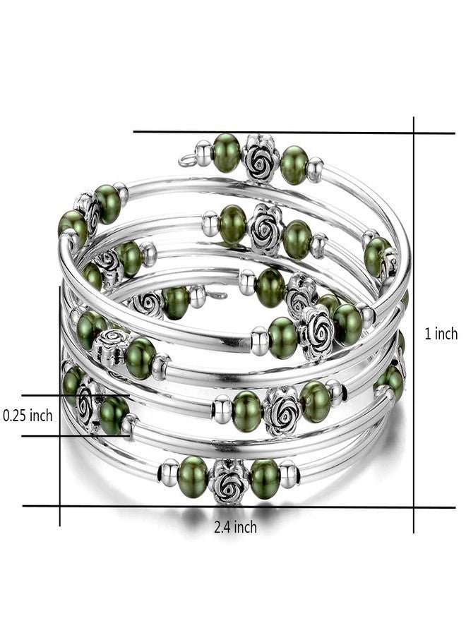 BULINLIN Wrap Bangle Rose Bead Bracelet - Beaded Bracelet with Natural Agate Stone Gifts For Women(01-Olive green pearl) - Image 3